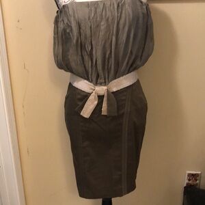 🎀 Valentino Roma Silk boned corset zips strapless zip back gray green dress